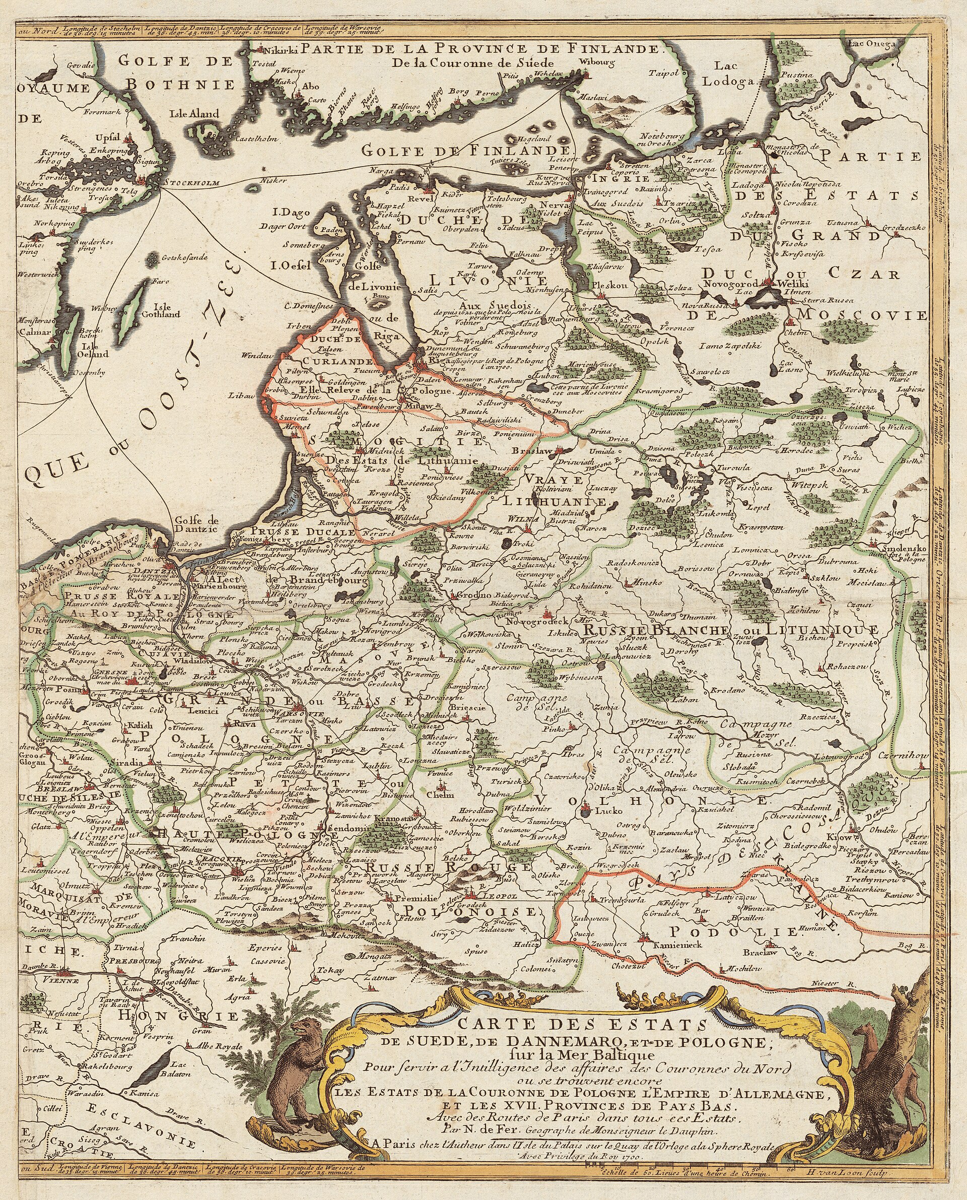 Mapa państw Szwecji, Danii i Polski nad Bałtykiem (de Fer)